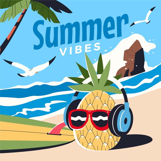 Ilustração de vibrações planas de verão com abacaxi na praia usando fones de ouvido