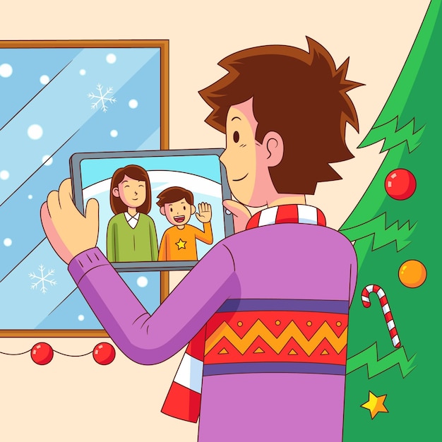 Ilustração de videochamada familiar de Natal com tablet