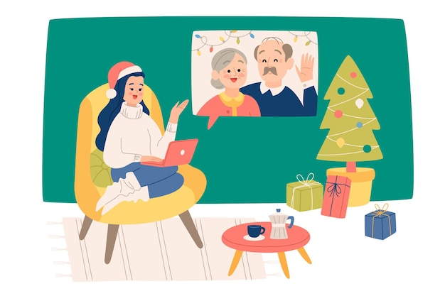 Ilustração de videochamada familiar de natal