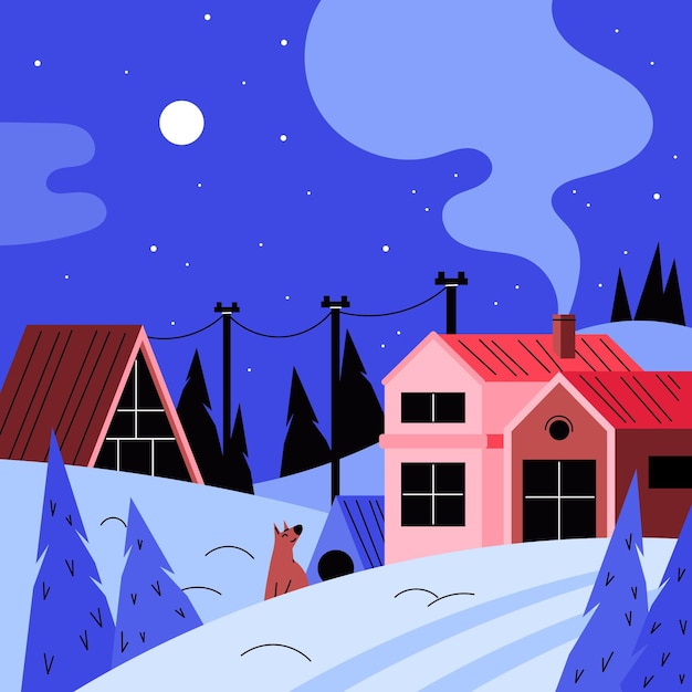 Ilustração de vila de inverno plana desenhada à mão