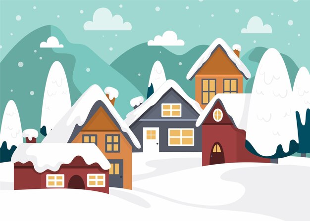 Ilustração de vila de inverno plana desenhada à mão