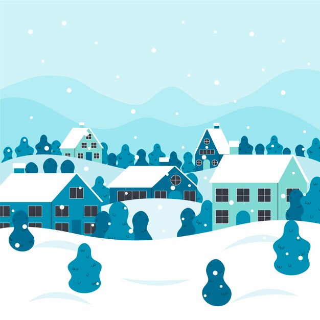 Ilustração de vila de inverno plana desenhada à mão