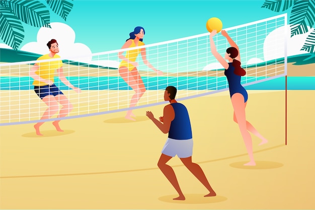 Homens Jogando Vôlei No Tribunal. Pessoas Jogando Voleibol Jogando Esporte  Estilo De Vida Saudável. Ilustração do Vetor - Ilustração de foco,  equipamento: 227776004