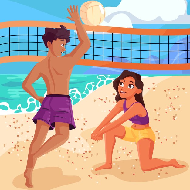 Pessoas Que Se Divertem Jogando Vôlei Na Ilustração Vetorial De Praia.  Esporte Ativo De Praia. Royalty Free SVG, Cliparts, Vetores, e Ilustrações  Stock. Image 84579091