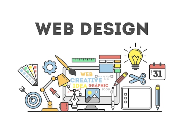 Vetor grátis ilustração de web design com ícones conceito de criação de sites criando logotipos e muito mais