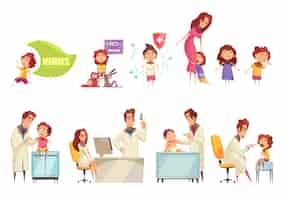 Vetor grátis ilustração decorativa de vacinação para crianças com médicos e pais que levam seus filhos a receber a vacina