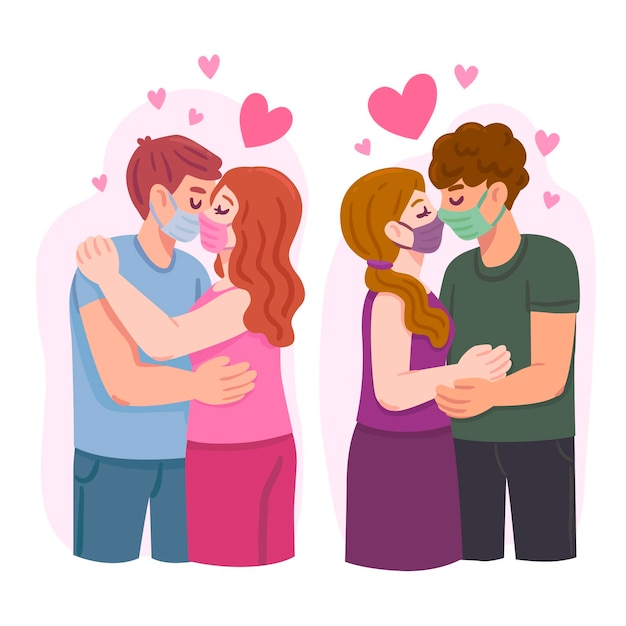 Ilustração desenhada à mão com casais se beijando com máscara cobiçosa