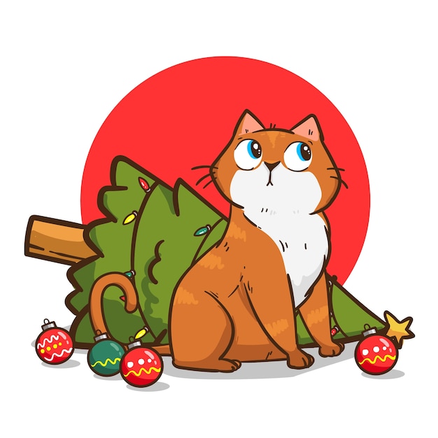 Vetor grátis ilustração desenhada à mão de gato de desenho animado para celebração da temporada de natal