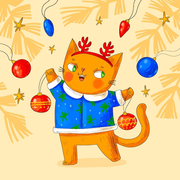 Vetor grátis ilustração desenhada à mão de gato de desenho animado para celebração da temporada de natal