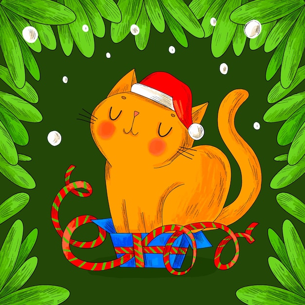 Ilustração desenhada à mão de gato de desenho animado para celebração da temporada de Natal