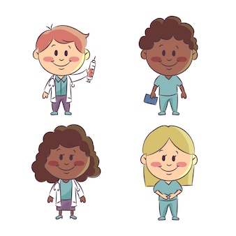 Ilustração desenhada à mão de médicos e enfermeiras
