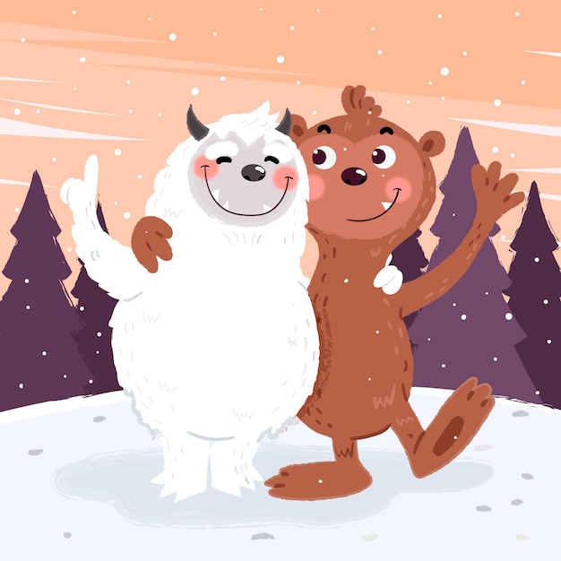 Vetor grátis ilustração desenhada à mão de pé grande e boneco de neve abominável yeti