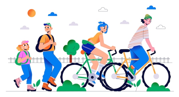 Ilustração desenhada à mão de pessoas fazendo atividades ao ar livre