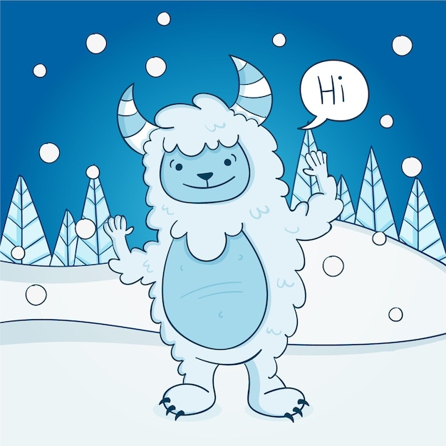 Ilustração desenhada à mão de yeti abominável boneco de neve