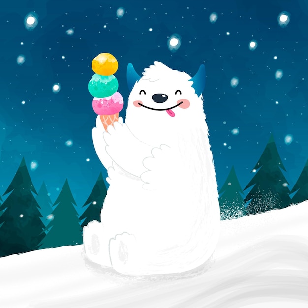 Ilustração desenhada à mão de yeti abominável boneco de neve