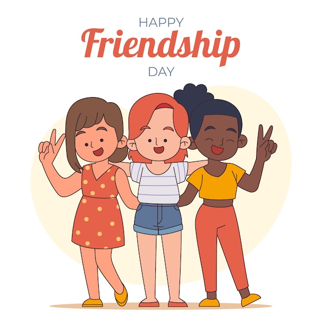 Vetor grátis ilustração desenhada à mão do dia da amizade com amigos posando e mostrando sinais de paz