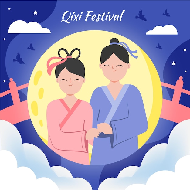 Ilustração desenhada à mão do festival do dia de qi xi