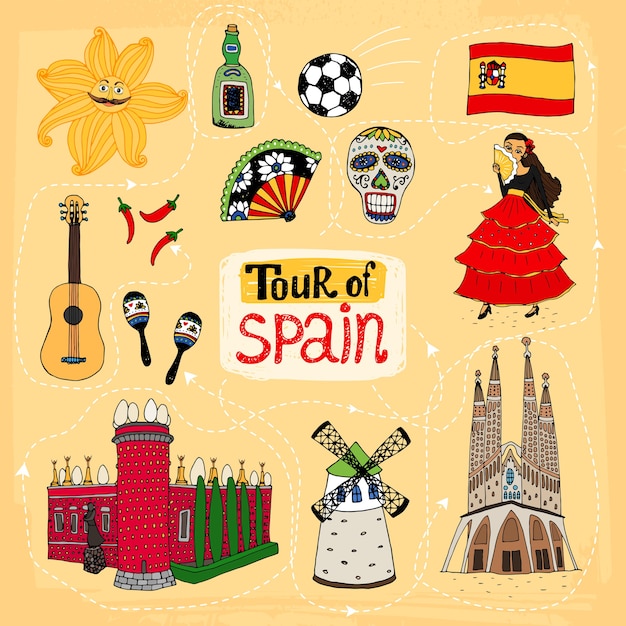 Vetor grátis ilustração desenhada à mão do tour pela espanha com pontos de referência famosos e tradições culturais