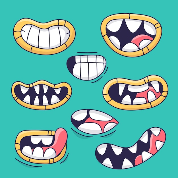 Ilustração desenhada à mão dos desenhos animados da boca dos dentes