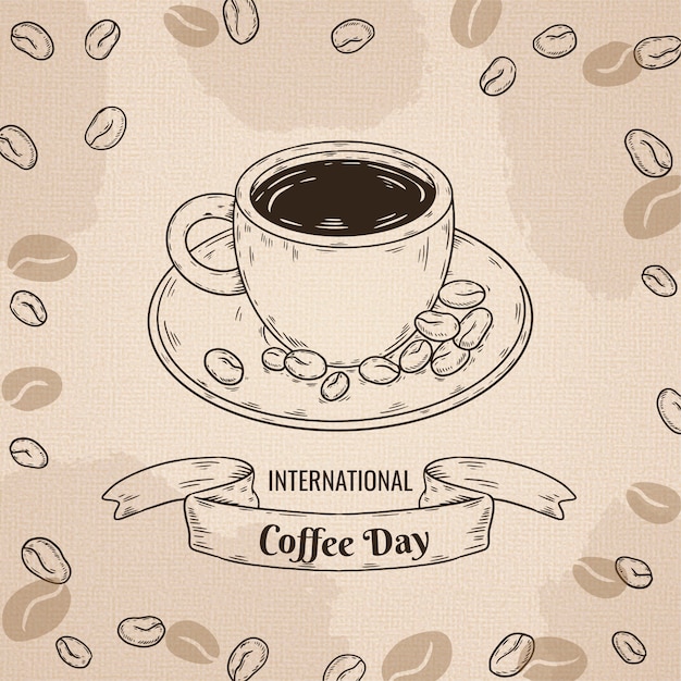 Vetor grátis ilustração desenhada à mão para a celebração do dia internacional do café