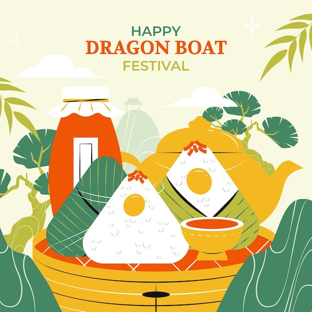 Ilustração desenhada à mão para a celebração do festival do barco-dragão chinês