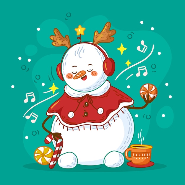 Vetor grátis ilustração desenhada à mão para celebração da temporada de natal com boneco de neve