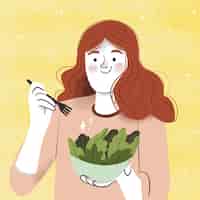 Vetor grátis ilustração desenhada à mão para mulher comendo salada