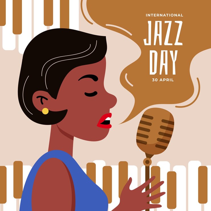 Vetor grátis ilustração desenhada à mão para o dia internacional do jazz com mulher cantando