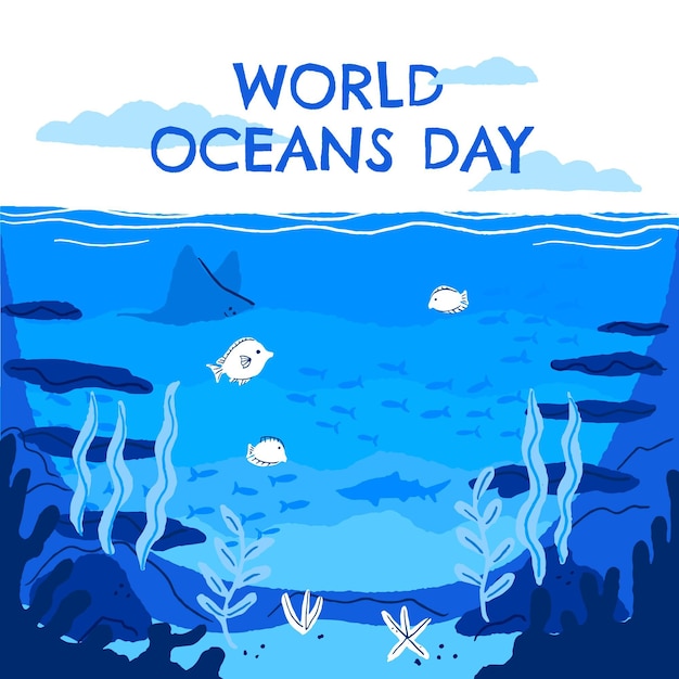 Vetor grátis ilustração desenhada à mão para o dia mundial dos oceanos