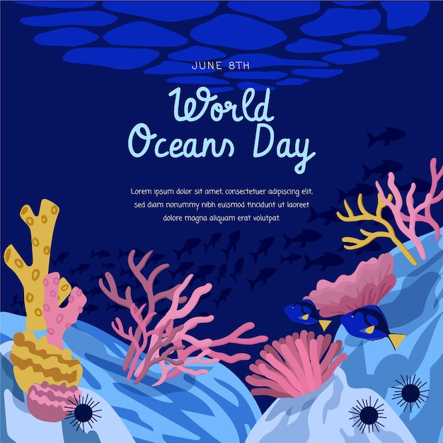 Vetor grátis ilustração desenhada à mão para o dia mundial dos oceanos