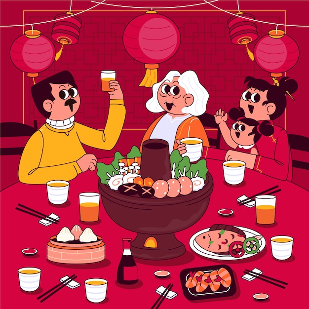 Ilustração desenhada à mão para o jantar de reunião do ano novo chinês