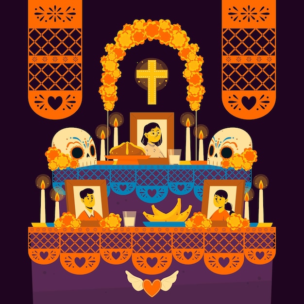 Vetor grátis ilustração do altar doméstico familiar desenhada à mão com diâmetro plano de muertos