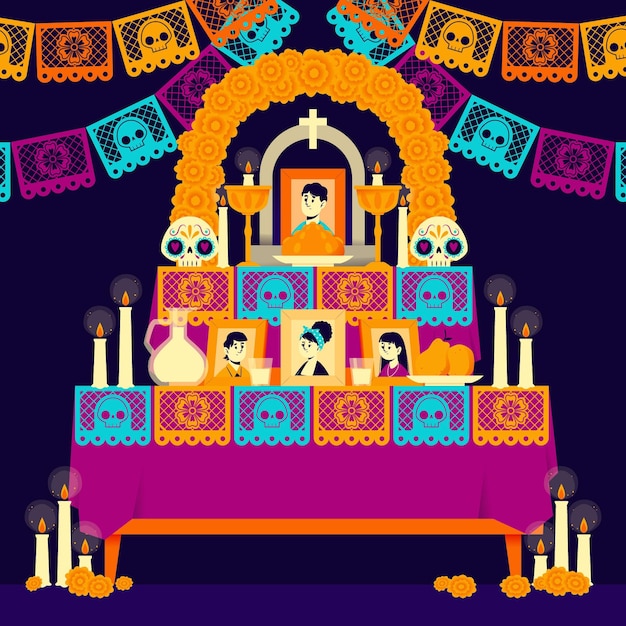 Ilustração do altar doméstico familiar desenhada à mão com diâmetro plano de muertos