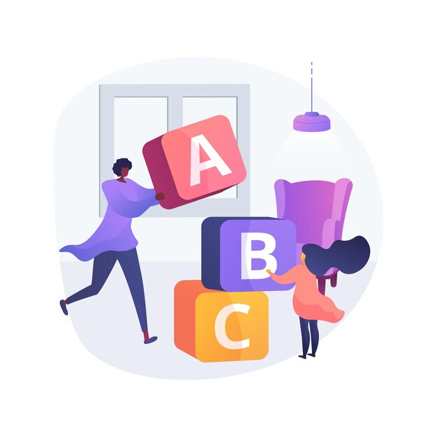 Ilustração do conceito abstrato de creche em casa. Serviço de babá domiciliar, creche, governanta, ajuda com as crianças, assistência em creche, educação infantil, babá para o bebê