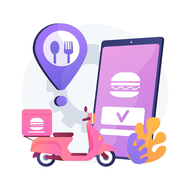 Vetor grátis ilustração do conceito abstrato de serviço de entrega de comida. pedido de comida online, serviço 24 por 7, menu online de pizza e sushi, opções de pagamento, entrega sem contato, download do aplicativo