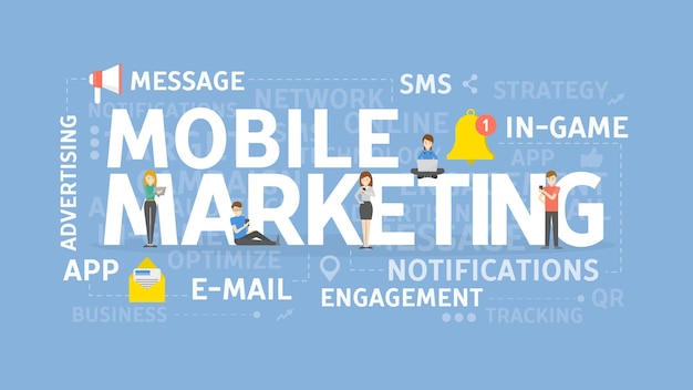 Ilustração do conceito de marketing móvel ideia de mensagem de notificação e aplicativo