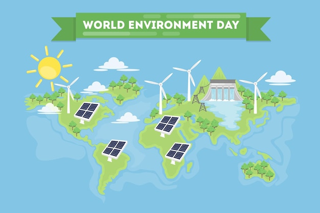 Ilustração do conceito do dia mundial do meio ambiente planeta terra com energia renovável
