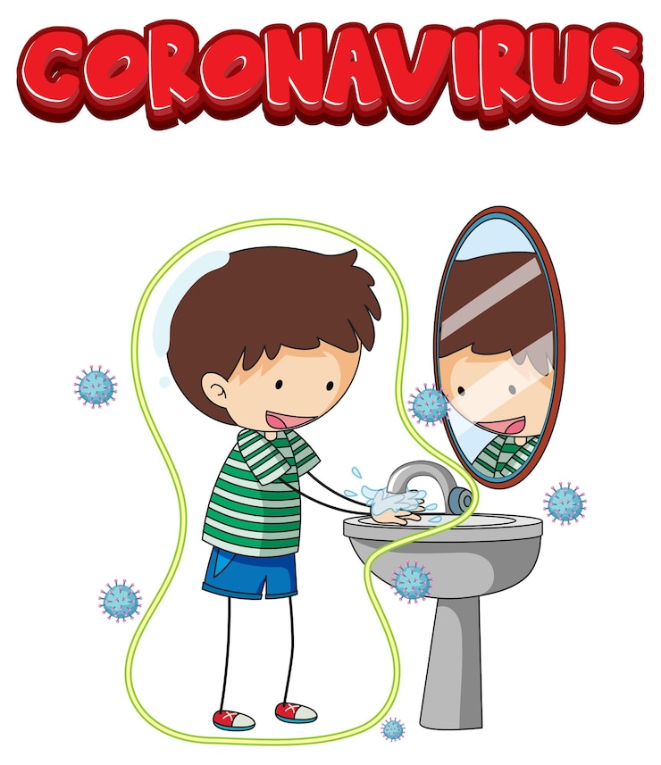 Vetor grátis ilustração do coronavírus com um menino lavando as mãos no branco