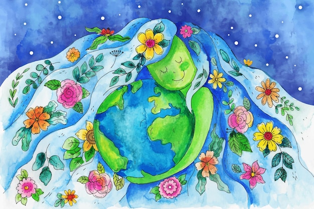 Ilustração do Dia da Mãe Terra em aquarela