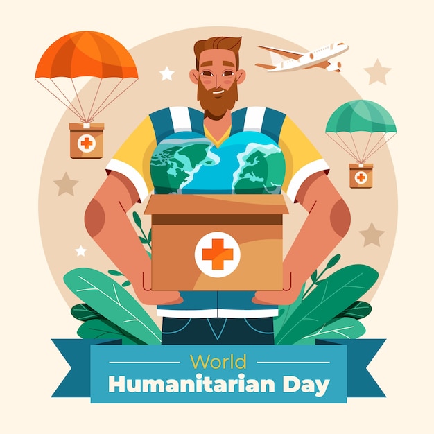 Vetor grátis ilustração do dia humanitário do mundo plano com pessoa segurando a caixa de ajuda