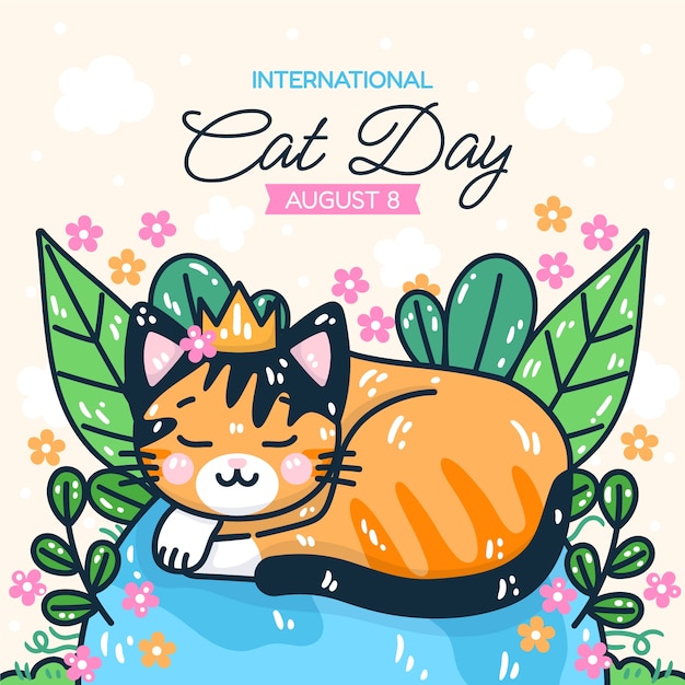 Ilustração do dia internacional do gato desenhada à mão