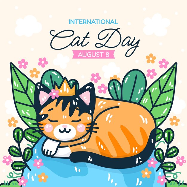 Ilustração do dia internacional do gato desenhada à mão