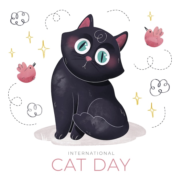 Vetor grátis ilustração do dia internacional do gato em aquarela com gato preto