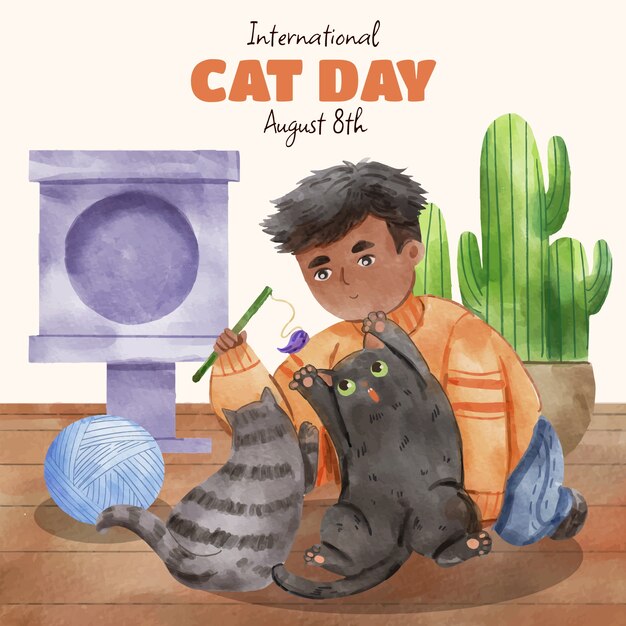 Ilustração do dia internacional do gato em aquarela com homem e gatos