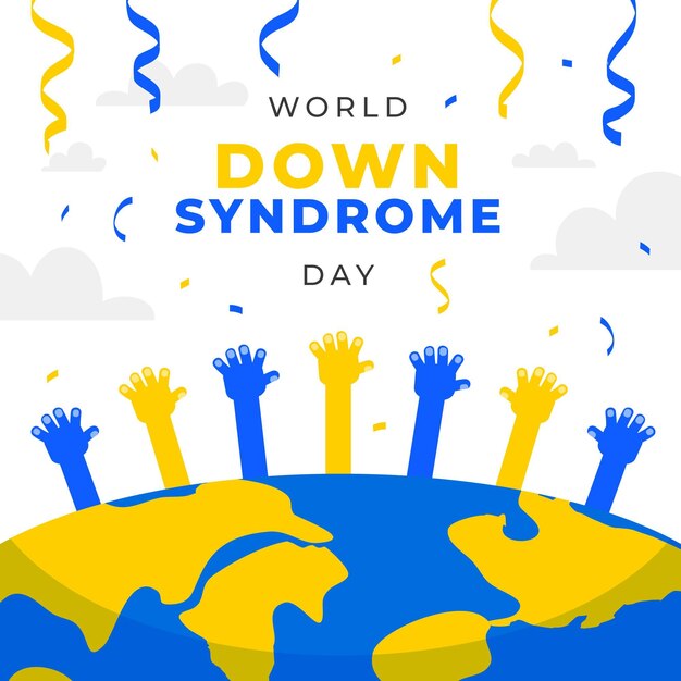 Ilustração do dia mundial da síndrome de down com planeta e mãos