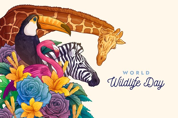 Ilustração do dia mundial da vida selvagem desenhada à mão com animais