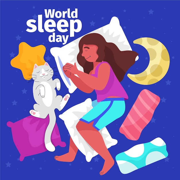 Ilustração do dia mundial de sono desenhada à mão com mulher e gato dormindo