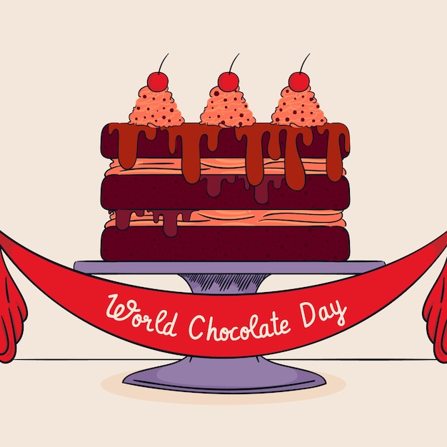 Ilustração do dia mundial do chocolate desenhada à mão com bolo de chocolate