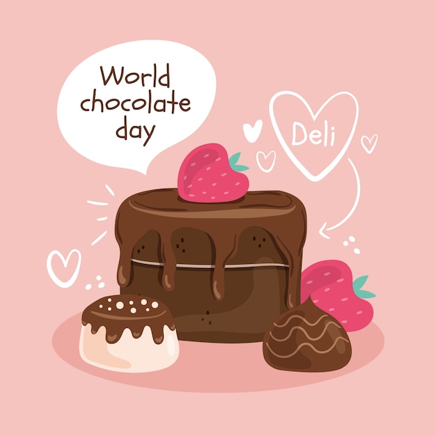 Ilustração do dia mundial do chocolate plana com bolo de chocolate