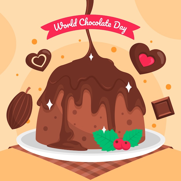 Ilustração do dia mundial do chocolate plana com bolo de chocolate